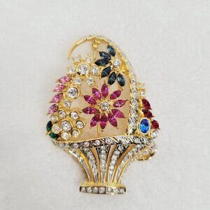 Vintage Unsigned Multi-color Flower Bouquet Rhinestones Brooch Sparkle BIG